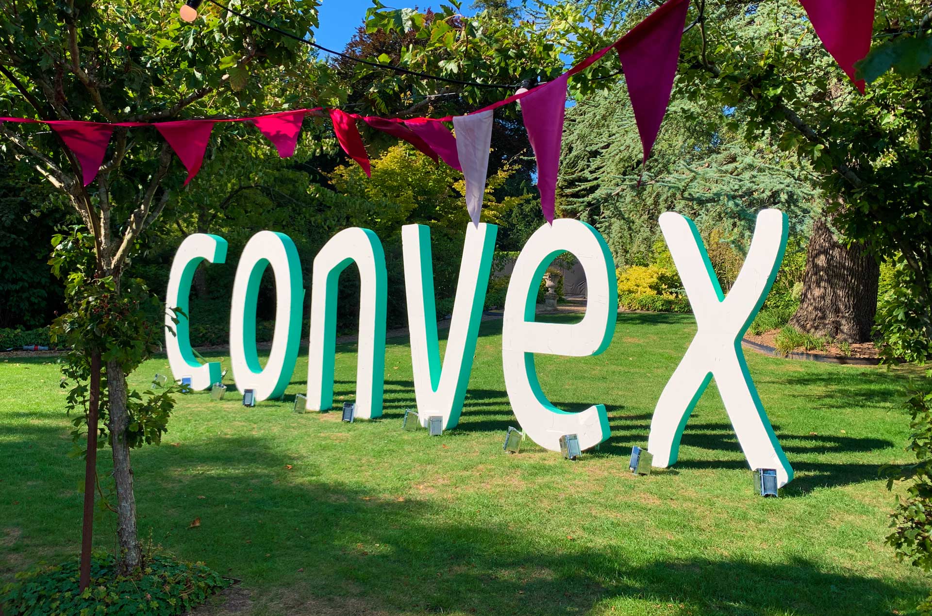Large format letters with bunting in the foreground
