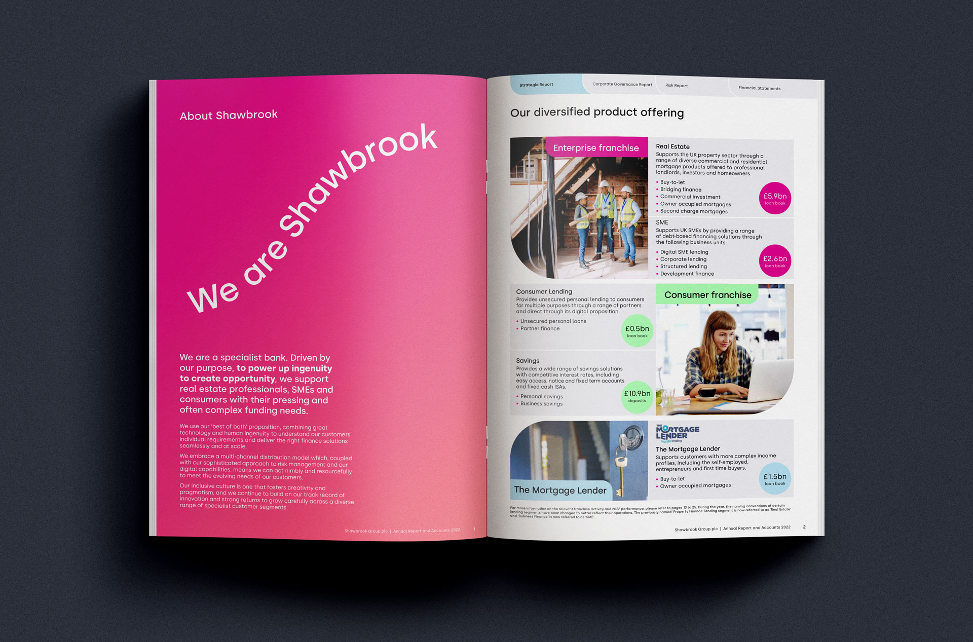 An open brochure spread showing a bold page and a page that shows the financial institutions product offering